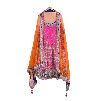 Indian Heavy Magenta & Orange Raw Silk Hand Embroidered Anamika Khanna Bridal Lehenga 3pc Set with Net Dupatta Blouse Fabric