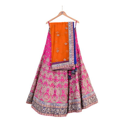Indian Heavy Magenta & Orange Raw Silk Hand Embroidered Anamika Khanna Bridal Lehenga 3pc Set with Net Dupatta Blouse Fabric