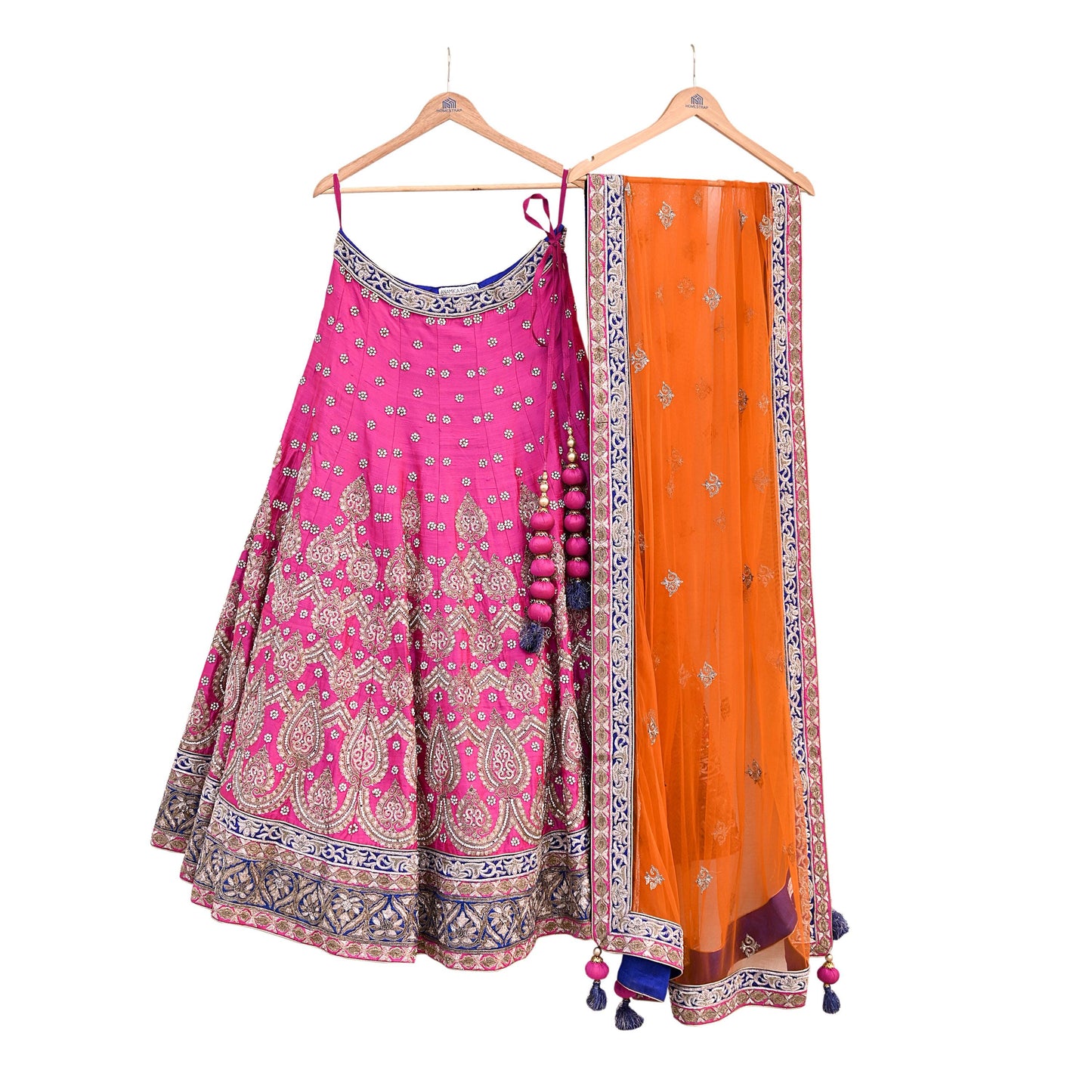 Indian Heavy Magenta & Orange Raw Silk Hand Embroidered Anamika Khanna Bridal Lehenga 3pc Set with Net Dupatta Blouse Fabric