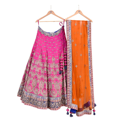 Indian Heavy Magenta & Orange Raw Silk Hand Embroidered Anamika Khanna Bridal Lehenga 3pc Set with Net Dupatta Blouse Fabric