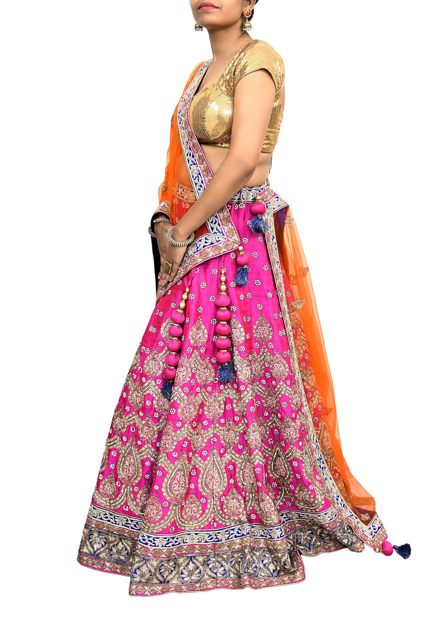 Indian Heavy Magenta & Orange Raw Silk Hand Embroidered Anamika Khanna Bridal Lehenga 3pc Set with Net Dupatta Blouse Fabric