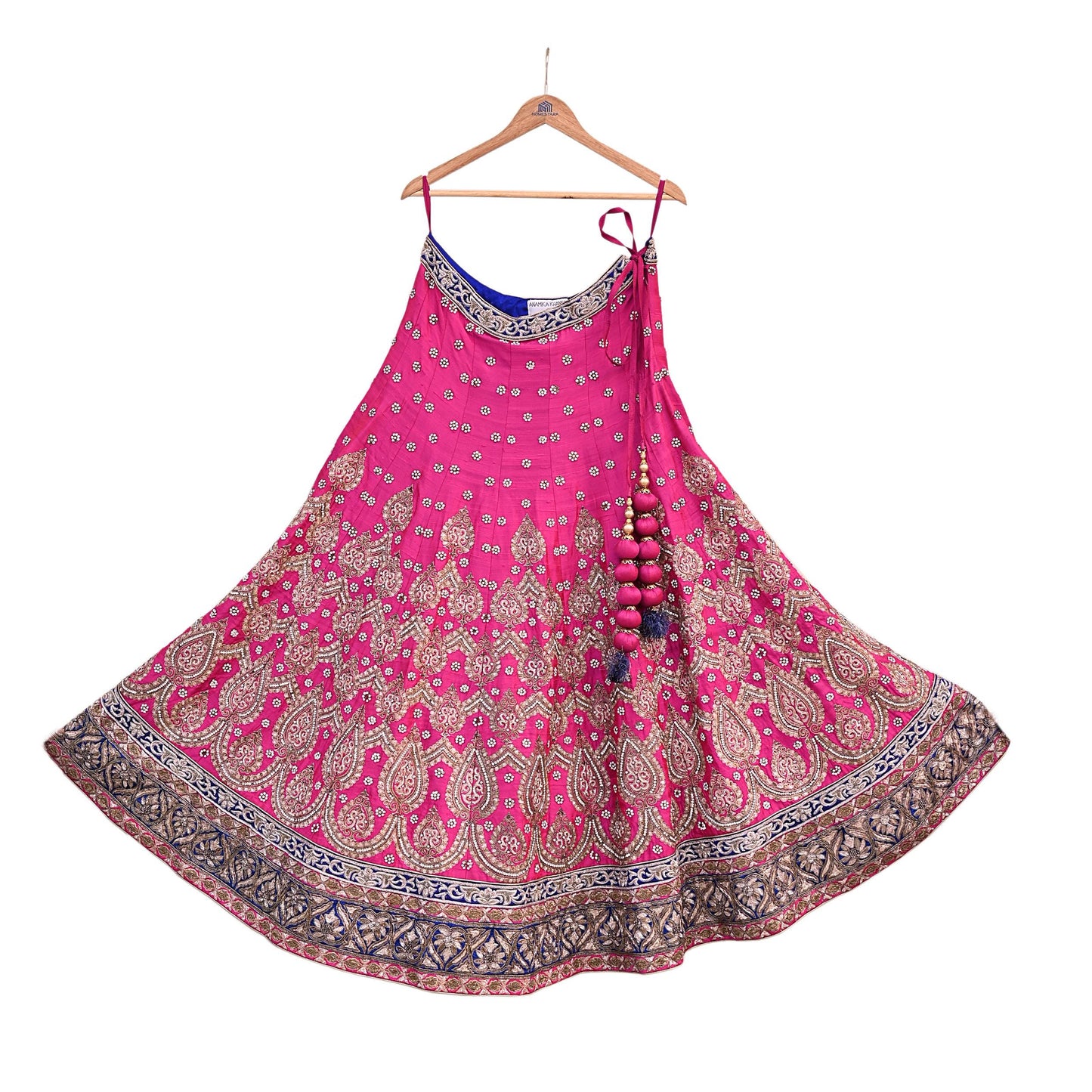 Indian Heavy Magenta & Orange Raw Silk Hand Embroidered Anamika Khanna Bridal Lehenga 3pc Set with Net Dupatta Blouse Fabric