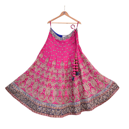 Indian Heavy Magenta & Orange Raw Silk Hand Embroidered Anamika Khanna Bridal Lehenga 3pc Set with Net Dupatta Blouse Fabric