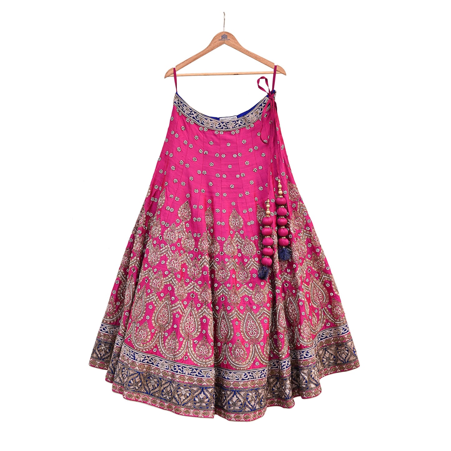 Indian Heavy Magenta & Orange Raw Silk Hand Embroidered Anamika Khanna Bridal Lehenga 3pc Set with Net Dupatta Blouse Fabric