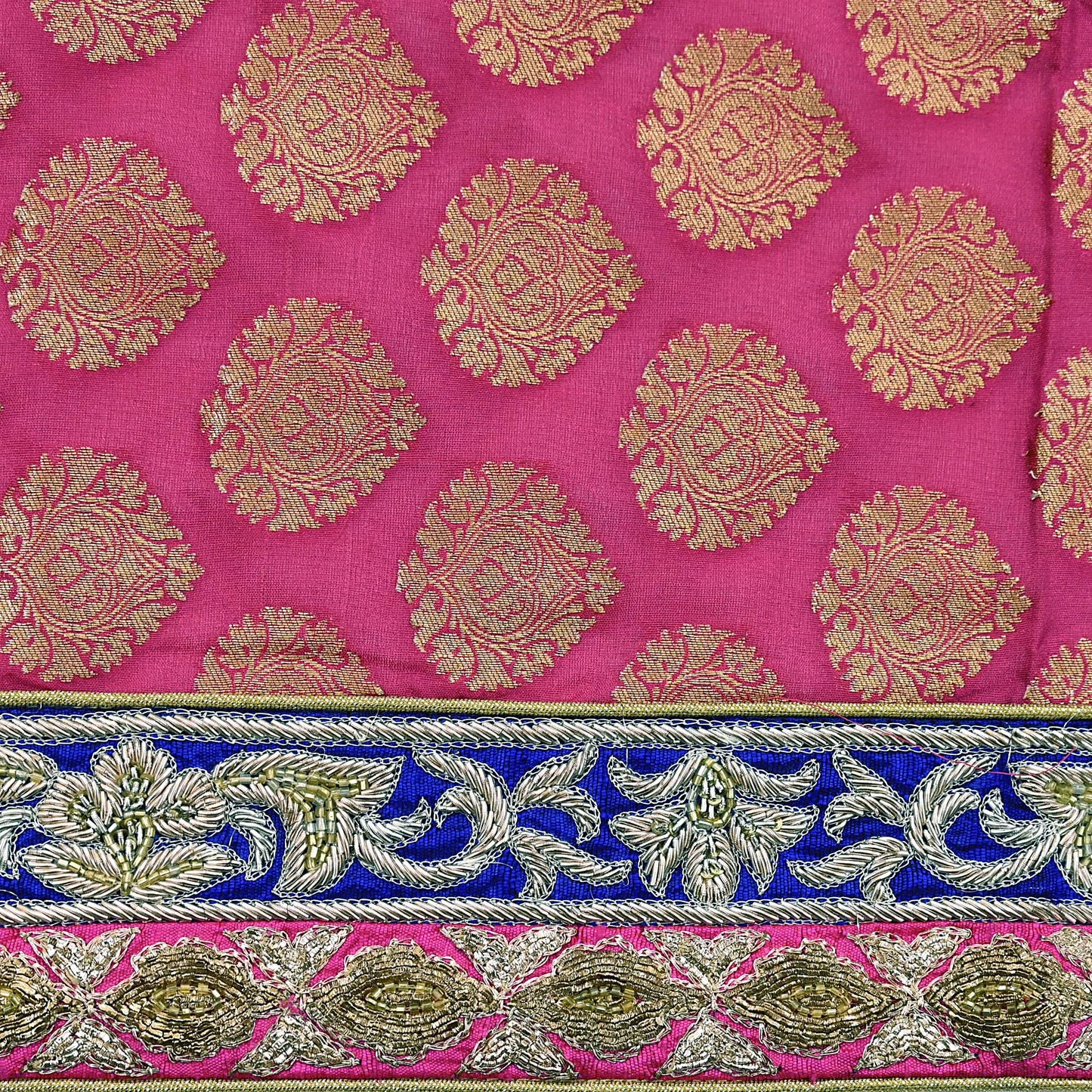 Indian Heavy Magenta & Orange Raw Silk Hand Embroidered Anamika Khanna Bridal Lehenga 3pc Set with Net Dupatta Blouse Fabric