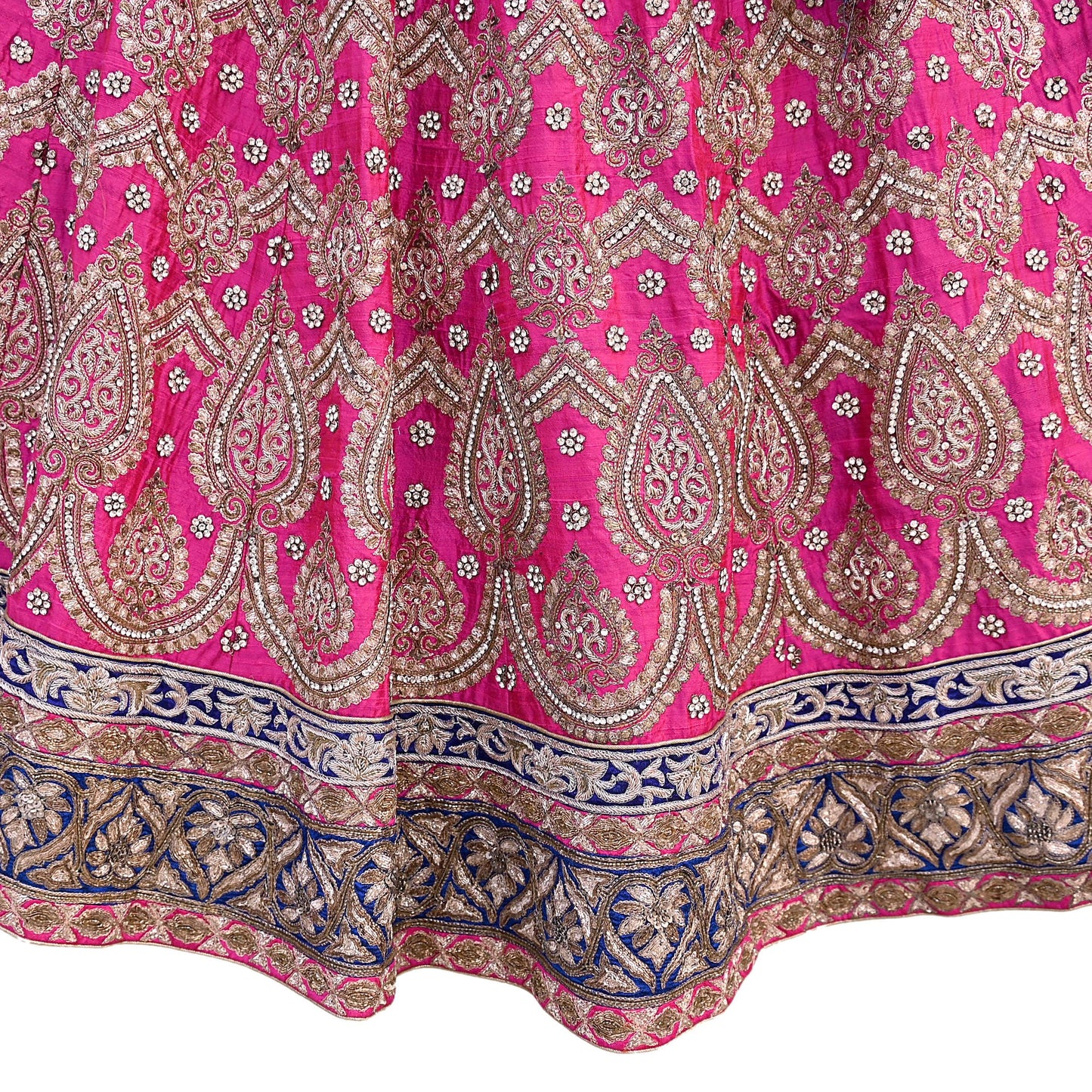 Indian Heavy Magenta & Orange Raw Silk Hand Embroidered Anamika Khanna Bridal Lehenga 3pc Set with Net Dupatta Blouse Fabric
