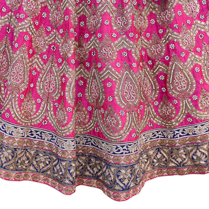 Indian Heavy Magenta & Orange Raw Silk Hand Embroidered Anamika Khanna Bridal Lehenga 3pc Set with Net Dupatta Blouse Fabric