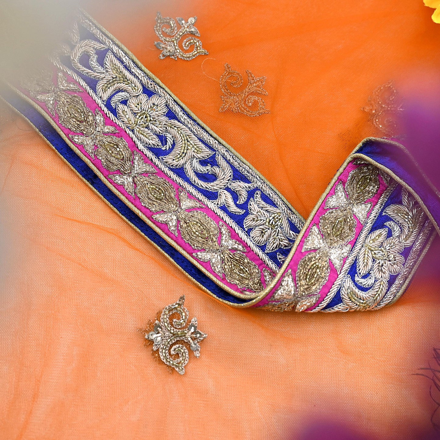 Orange Net Hand Embroidered Dupatta by Anamika Khanna Bridal Zardozi Stole Indian Wedding Veil Designer Couture Scarf