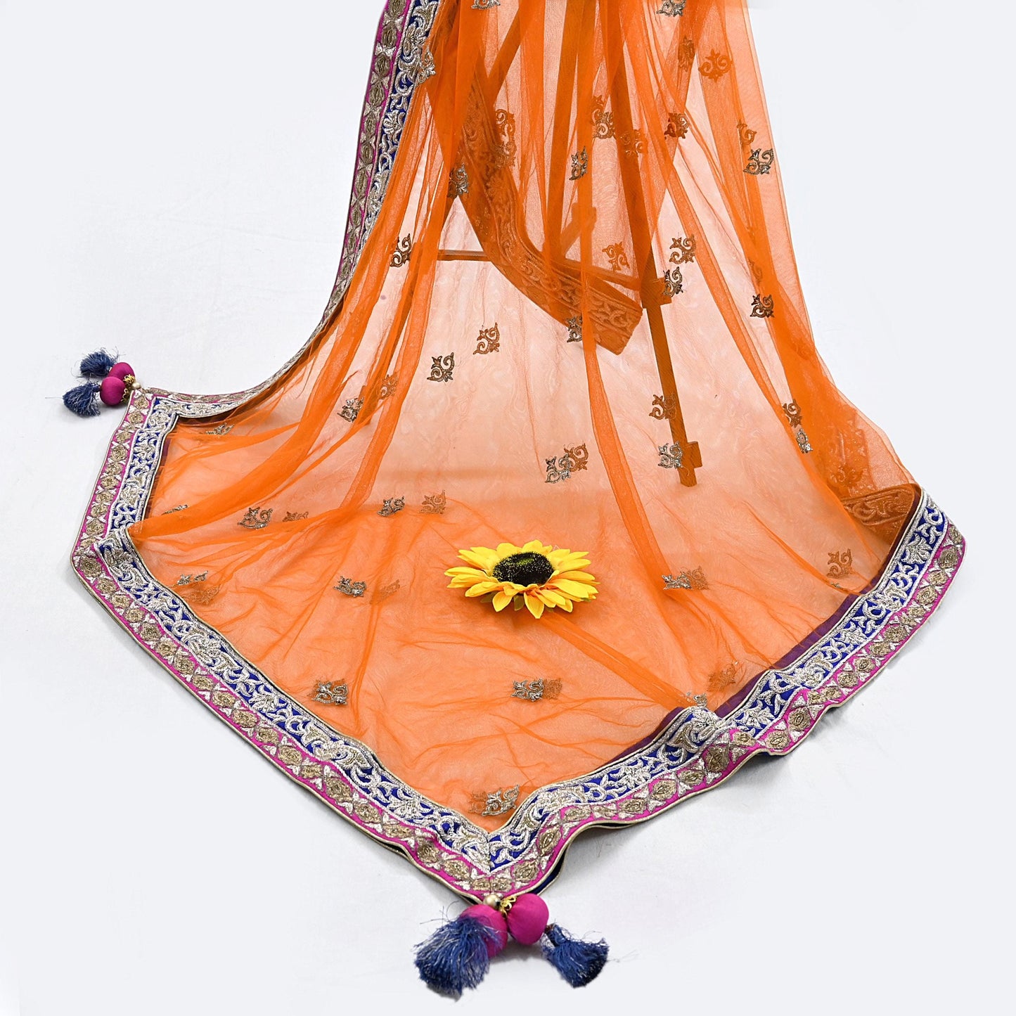 Orange Net Hand Embroidered Dupatta by Anamika Khanna Bridal Zardozi Stole Indian Wedding Veil Designer Couture Scarf