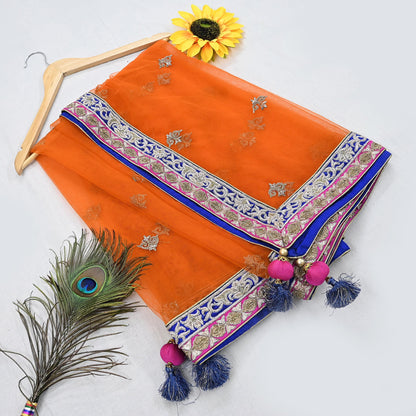 Orange Net Hand Embroidered Dupatta by Anamika Khanna Bridal Zardozi Stole Indian Wedding Veil Designer Couture Scarf