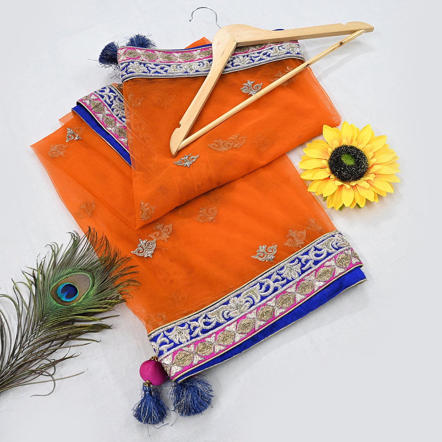 Orange Net Hand Embroidered Dupatta by Anamika Khanna Bridal Zardozi Stole Indian Wedding Veil Designer Couture Scarf