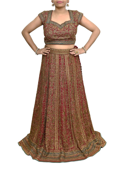 Indian Maroon Pure Silk Ritu Kumar Lehenga 3pcs Set Hand Embroidered Bridal Outfit  Designer Bollywood Party Wear Ethnic Dress