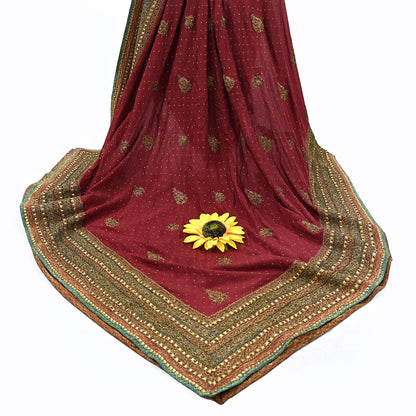 Indian Vintage Heavy Maroon Dupatta Pure Silk Long Stole Hand Embroidered Designer By Ritu Kumar Scarves Scarf Zari Zardozi
