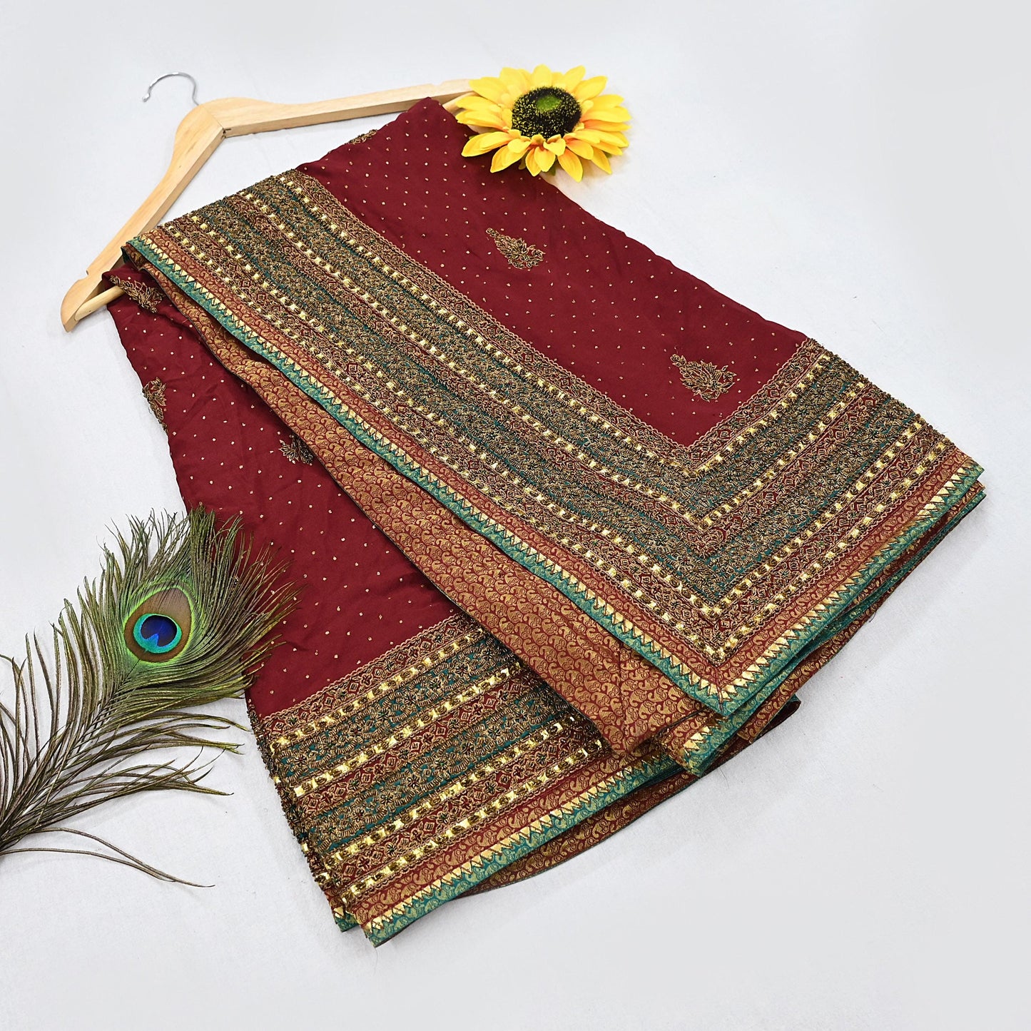 Indian Vintage Heavy Maroon Dupatta Pure Silk Long Stole Hand Embroidered Designer By Ritu Kumar Scarves Scarf Zari Zardozi