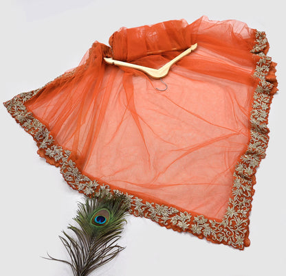 Orange Net Hand Embroidered Dupatta by Abdul Halder Indian Wedding Bridal Veil Heavy Zardozi Designer Stole Pre-Owned Couture