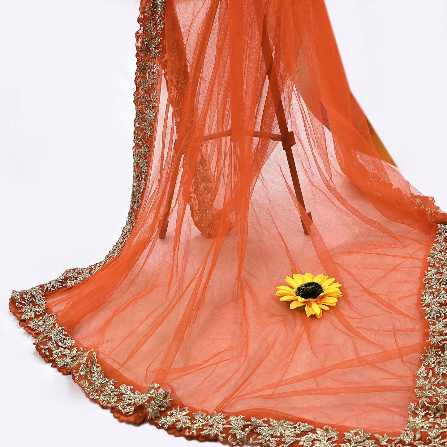 Orange Net Hand Embroidered Dupatta by Abdul Halder Indian Wedding Bridal Veil Heavy Zardozi Designer Stole Pre-Owned Couture