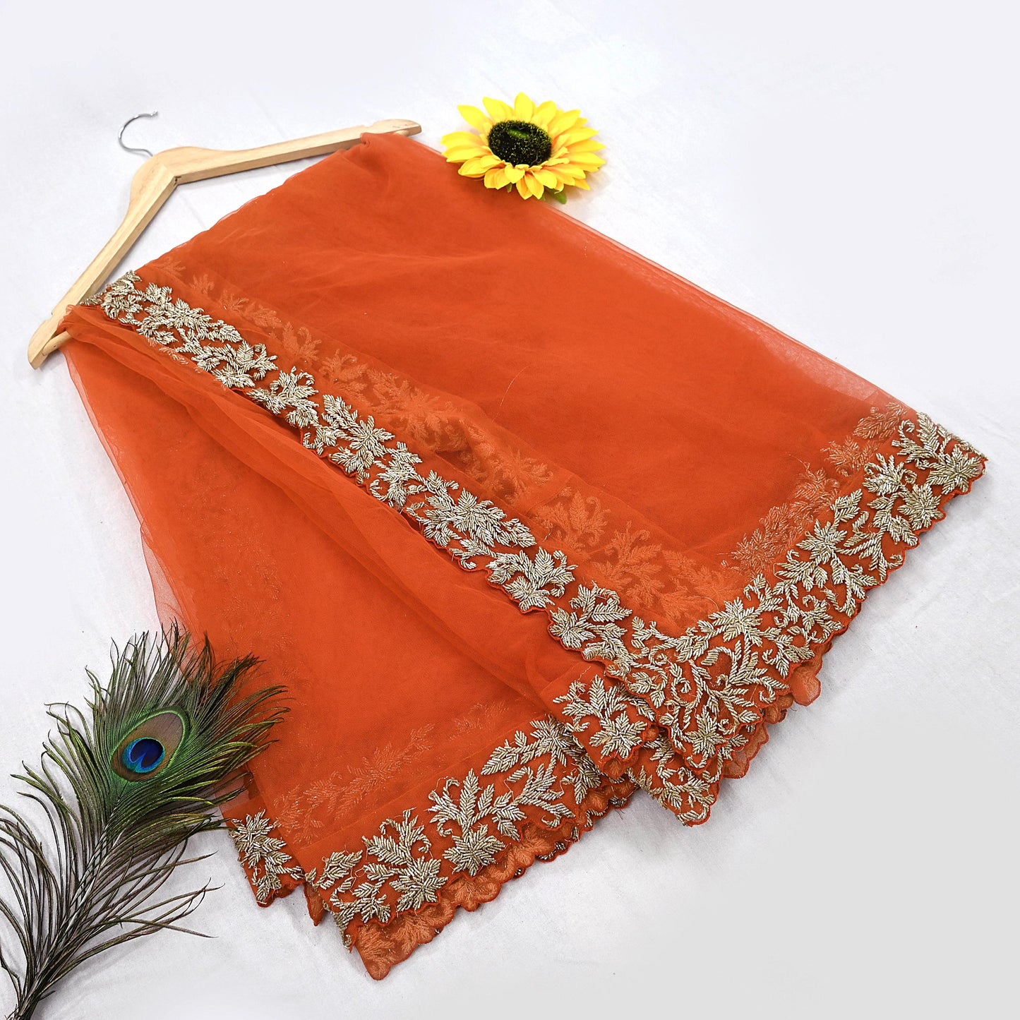 Orange Net Hand Embroidered Dupatta by Abdul Halder Indian Wedding Bridal Veil Heavy Zardozi Designer Stole Pre-Owned Couture