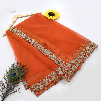 Orange Net Hand Embroidered Dupatta by Abdul Halder Indian Wedding Bridal Veil Heavy Zardozi Designer Stole Pre-Owned Couture