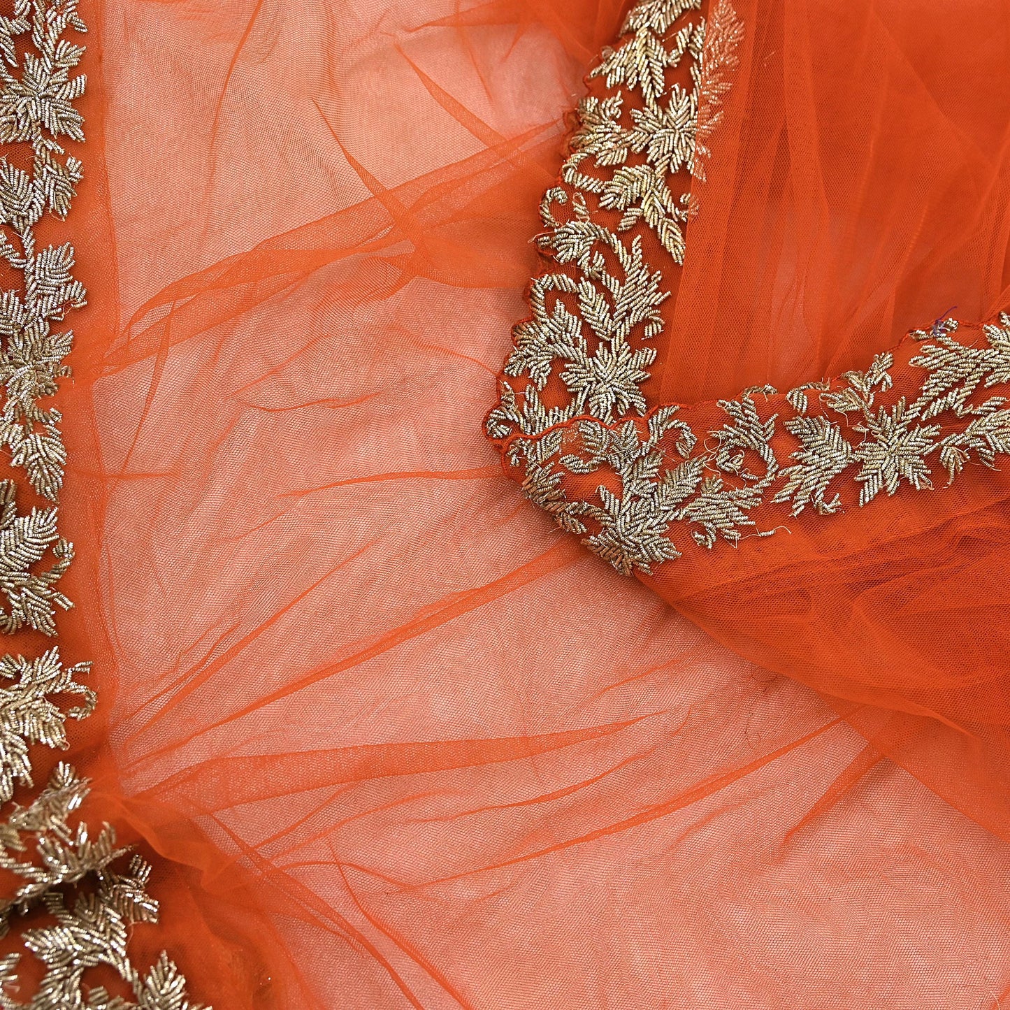 Orange Net Hand Embroidered Dupatta by Abdul Halder Indian Wedding Bridal Veil Heavy Zardozi Designer Stole Pre-Owned Couture