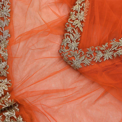 Orange Net Hand Embroidered Dupatta by Abdul Halder Indian Wedding Bridal Veil Heavy Zardozi Designer Stole Pre-Owned Couture