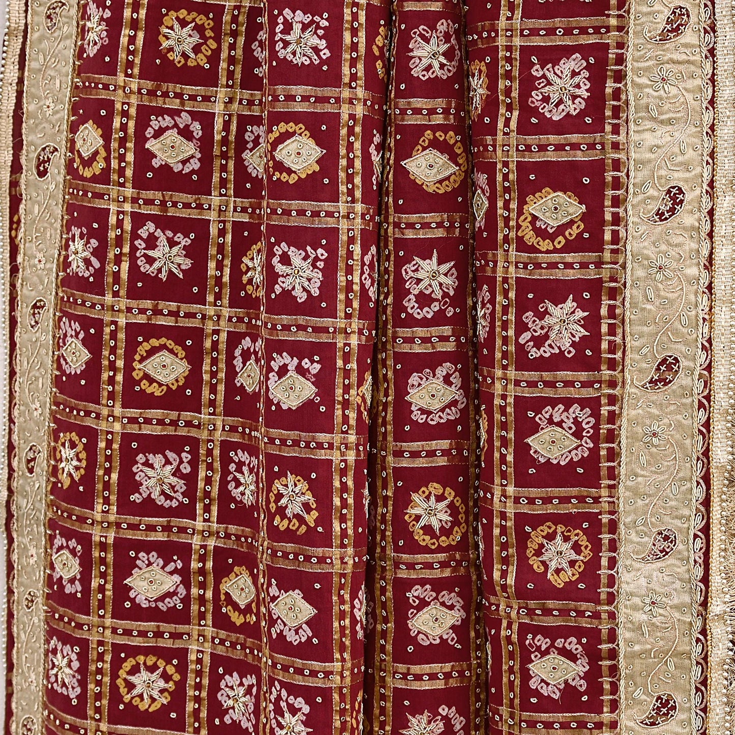 Indian Vintage Heavy Wedding Maroon Pure Cotton Hand Embroidered Bandhani Gharchola Lehenga/Dupatta Bridal Wear Zardozi/ Dabka, Zari