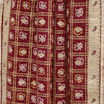 Indian Vintage Heavy Wedding Maroon Pure Cotton Hand Embroidered Bandhani Gharchola Lehenga/Dupatta Bridal Wear Zardozi/ Dabka, Zari