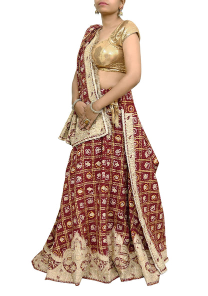Indian Vintage Heavy Wedding Maroon Pure Cotton Hand Embroidered Bandhani Gharchola Lehenga/Dupatta Bridal Wear Zardozi/ Dabka, Zari
