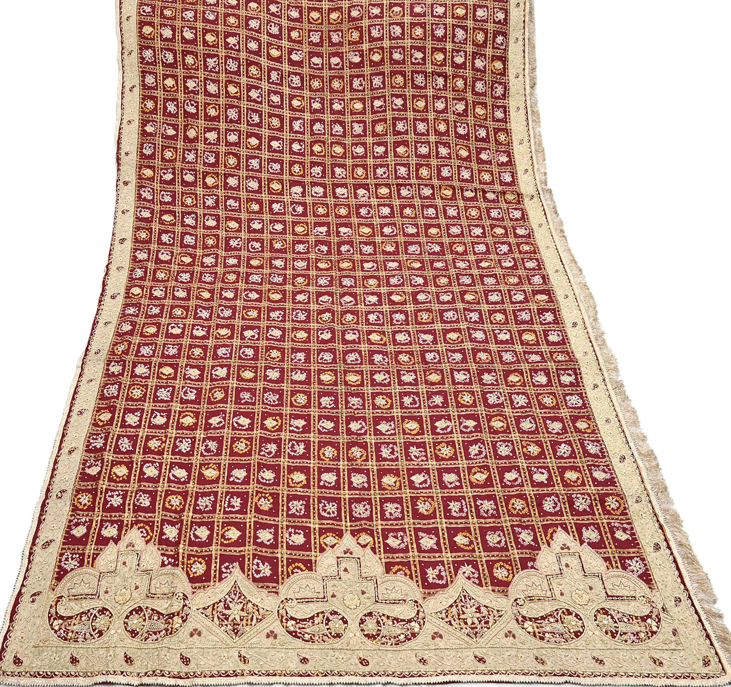 Indian Vintage Heavy Wedding Maroon Pure Cotton Hand Embroidered Bandhani Gharchola Lehenga/Dupatta Bridal Wear Zardozi/ Dabka, Zari