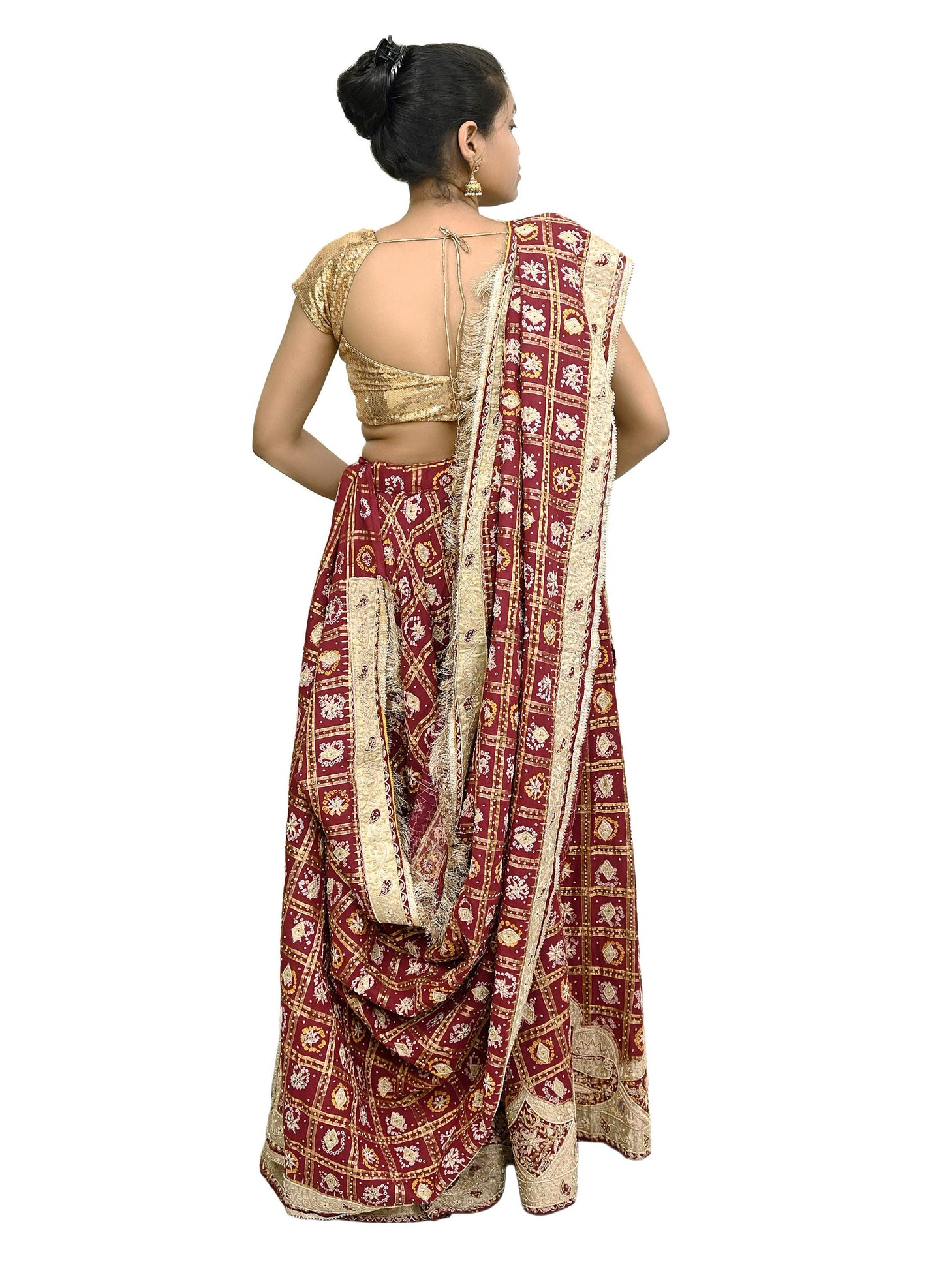 Indian Vintage Heavy Wedding Maroon Pure Cotton Hand Embroidered Bandhani Gharchola Lehenga/Dupatta Bridal Wear Zardozi/ Dabka, Zari