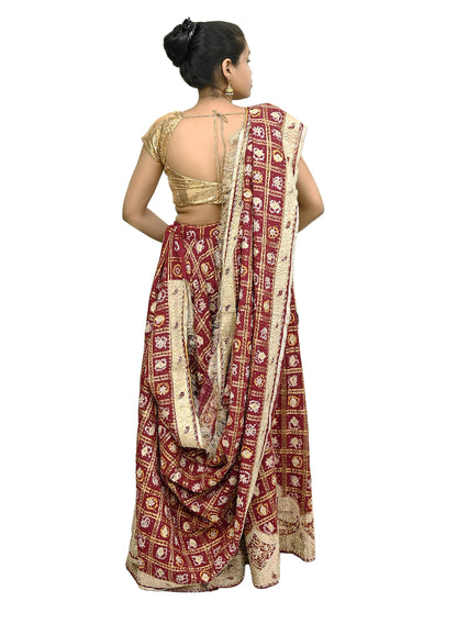 Indian Vintage Heavy Wedding Maroon Pure Cotton Hand Embroidered Bandhani Gharchola Lehenga/Dupatta Bridal Wear Zardozi/ Dabka, Zari