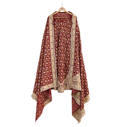Indian Vintage Heavy Wedding Maroon Pure Cotton Hand Embroidered Bandhani Gharchola Lehenga/Dupatta Bridal Wear Zardozi/ Dabka, Zari
