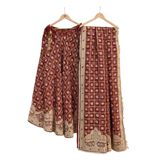 Indian Vintage Heavy Wedding Maroon Pure Cotton Hand Embroidered Bandhani Gharchola Lehenga/Dupatta Bridal Wear Zardozi/ Dabka, Zari