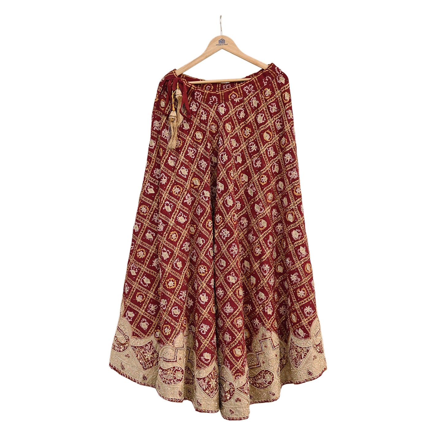 Indian Vintage Heavy Wedding Maroon Pure Cotton Hand Embroidered Bandhani Gharchola Lehenga/Dupatta Bridal Wear Zardozi/ Dabka, Zari