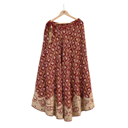 Indian Vintage Heavy Wedding Maroon Pure Cotton Hand Embroidered Bandhani Gharchola Lehenga/Dupatta Bridal Wear Zardozi/ Dabka, Zari