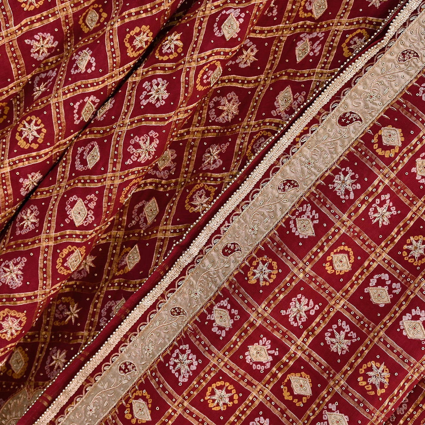 Indian Vintage Heavy Wedding Maroon Pure Cotton Hand Embroidered Bandhani Gharchola Lehenga/Dupatta Bridal Wear Zardozi/ Dabka, Zari