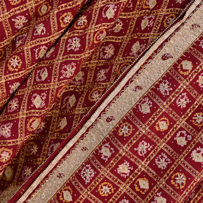 Indian Vintage Heavy Wedding Maroon Pure Cotton Hand Embroidered Bandhani Gharchola Lehenga/Dupatta Bridal Wear Zardozi/ Dabka, Zari