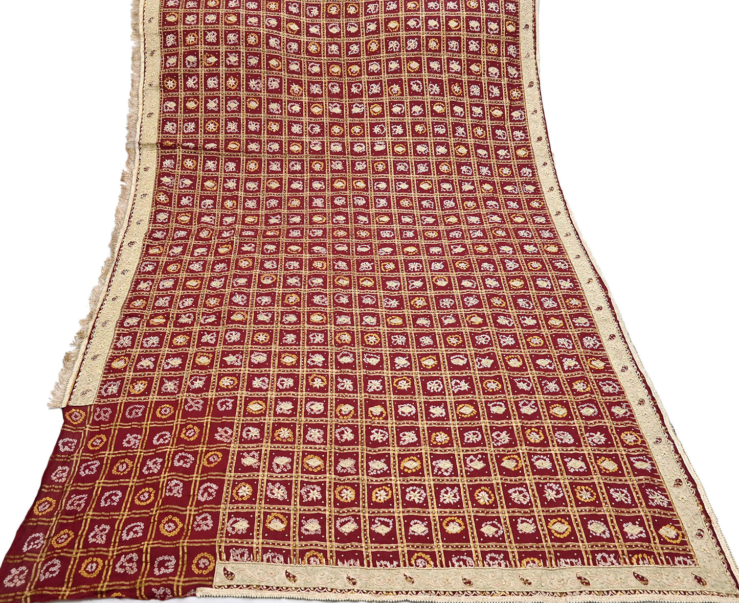 Indian Vintage Heavy Wedding Maroon Pure Cotton Hand Embroidered Bandhani Gharchola Lehenga/Dupatta Bridal Wear Zardozi/ Dabka, Zari