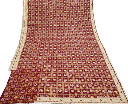 Indian Vintage Heavy Wedding Maroon Pure Cotton Hand Embroidered Bandhani Gharchola Lehenga/Dupatta Bridal Wear Zardozi/ Dabka, Zari