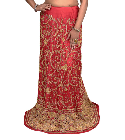 Indian Vintage Heavy Wedding Red Unstitched skirt/Lehenga Pure Silk Hand Embroidered Bridal wear Ethnic Skirt Zardozi/ Dabka, Zari
