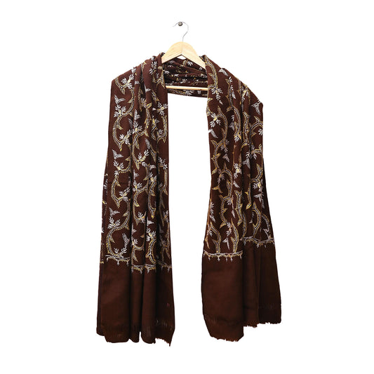 Vintage Wool hand Embroidered Shawl Brown Handcrafted Pure Woolen Wrap Floral Stitch Winter Scarf Warm Christmas Gift for Her