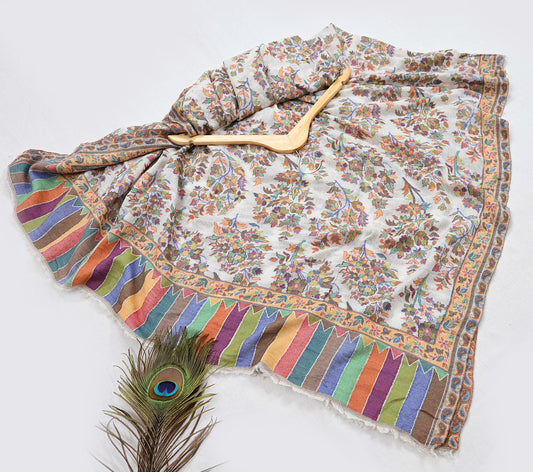 Indian Vintage Ivory Pure Woolen Shawl Handmade Woven Jamawar Work Long Throw Stole Warm Paisley Design Soft