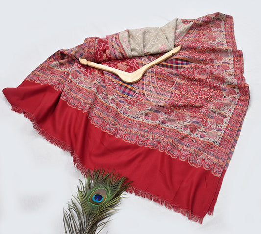 Vintage Red woolen Shawl Handmade Woven Long Throw Stole Warm Stole Paisley Floral Design Fringes