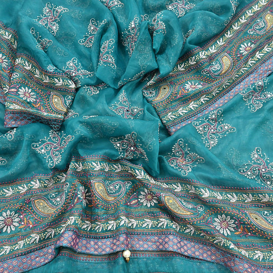 Indian Vintage Dupatta Green Pure Georgette silk Long Stole Hand Embroidered Chikankari Stole Floral Scarf Scarves