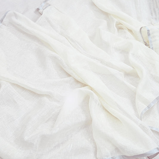 Indian Vintage White Dupatta Long Stole Woven Pure Cotton Scarves Veil silver Zari Soft Fringes