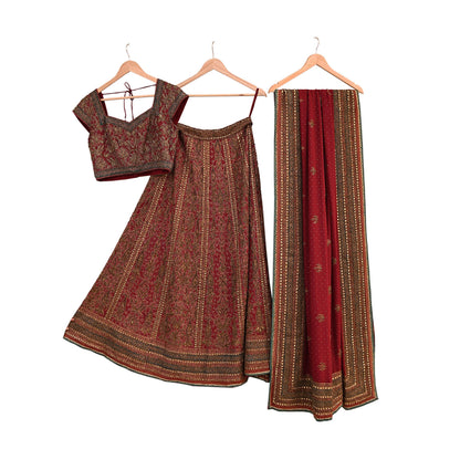 Indian Maroon Pure Silk Ritu Kumar Lehenga 3pcs Set Hand Embroidered Bridal Outfit  Designer Bollywood Party Wear Ethnic Dress