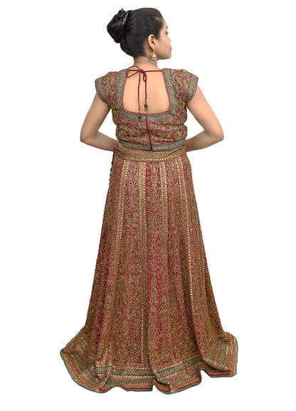 Indian Maroon Pure Silk Ritu Kumar Lehenga 3pcs Set Hand Embroidered Bridal Outfit  Designer Bollywood Party Wear Ethnic Dress