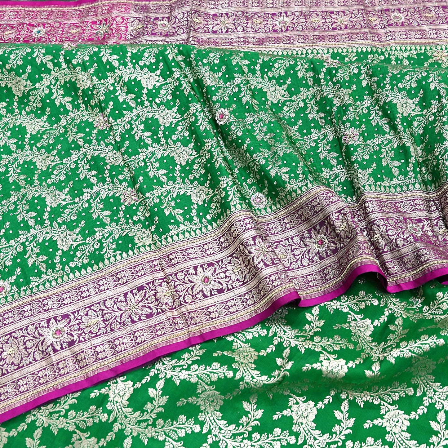 Indian Vintage Heavy Wedding Banarasi Sari 5 Yards Pure Satin Silk Hand-Embroidered Zari, Work Brocade Craft Fabric for Dressmaking