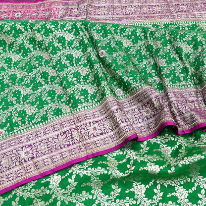 Indian Vintage Heavy Wedding Banarasi Sari 5 Yards Pure Satin Silk Hand-Embroidered Zari, Work Brocade Craft Fabric for Dressmaking