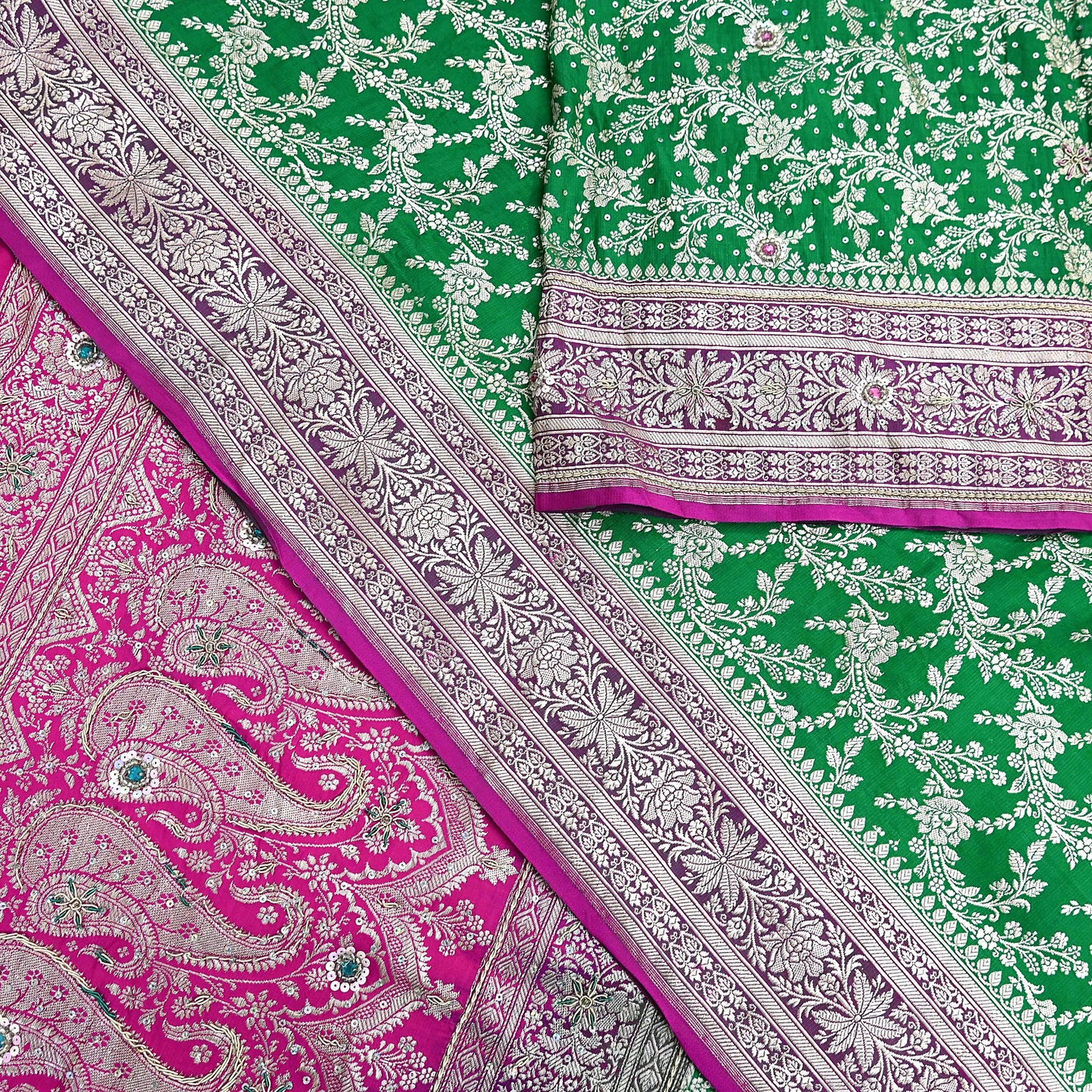 Indian Vintage Heavy Wedding Banarasi Sari 5 Yards Pure Satin Silk Hand-Embroidered Zari, Work Brocade Craft Fabric for Dressmaking