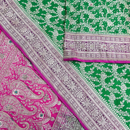 Indian Vintage Heavy Wedding Banarasi Sari 5 Yards Pure Satin Silk Hand-Embroidered Zari, Work Brocade Craft Fabric for Dressmaking